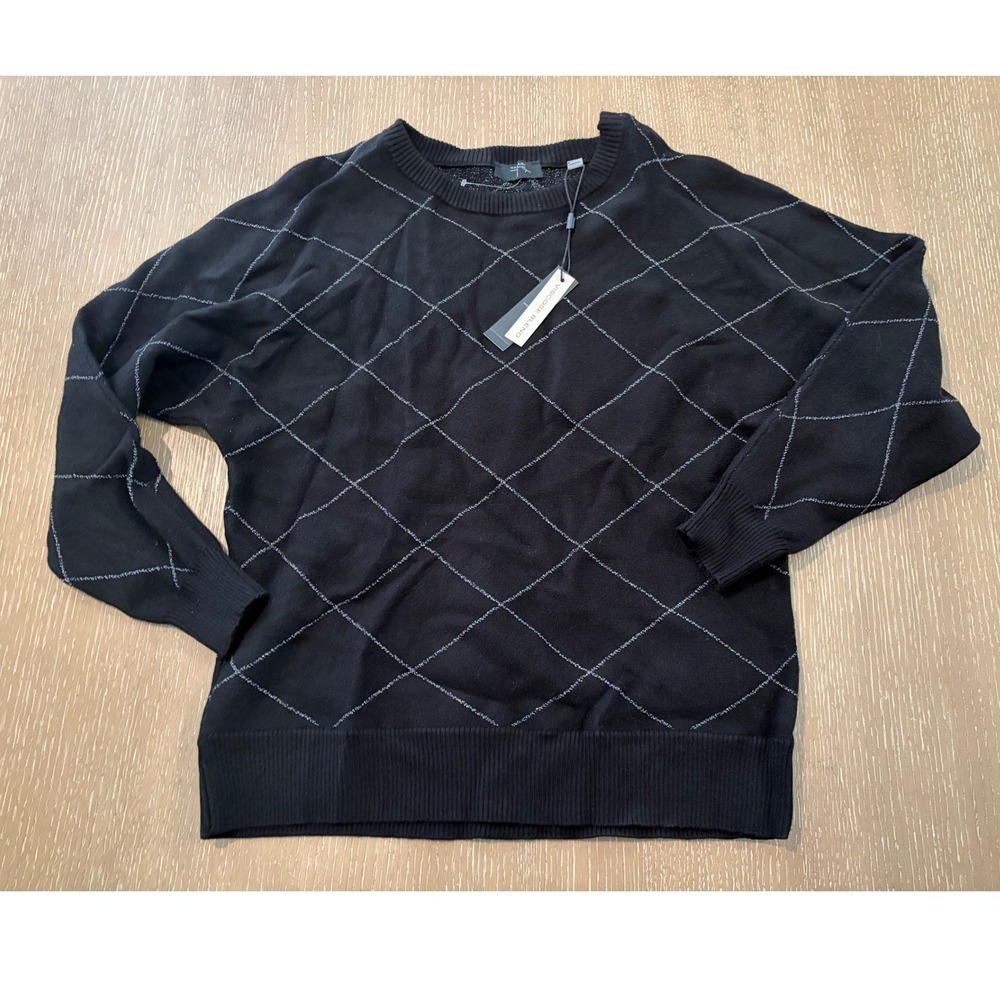 NWT Tahari Women's M Black Silver Argyle Crewneck Knit Sweater
